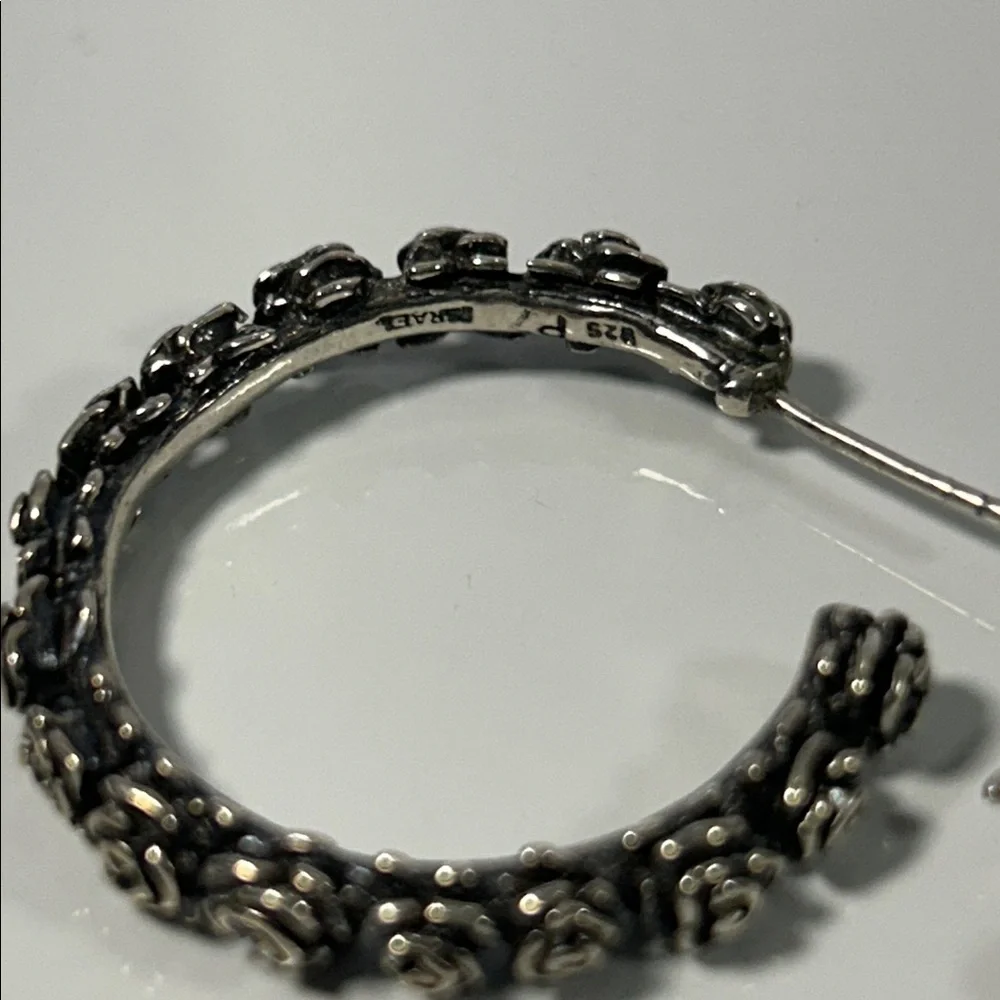 NWOT Israeli Designer Sterling Silver Rosebud Flower Hoop Earrings